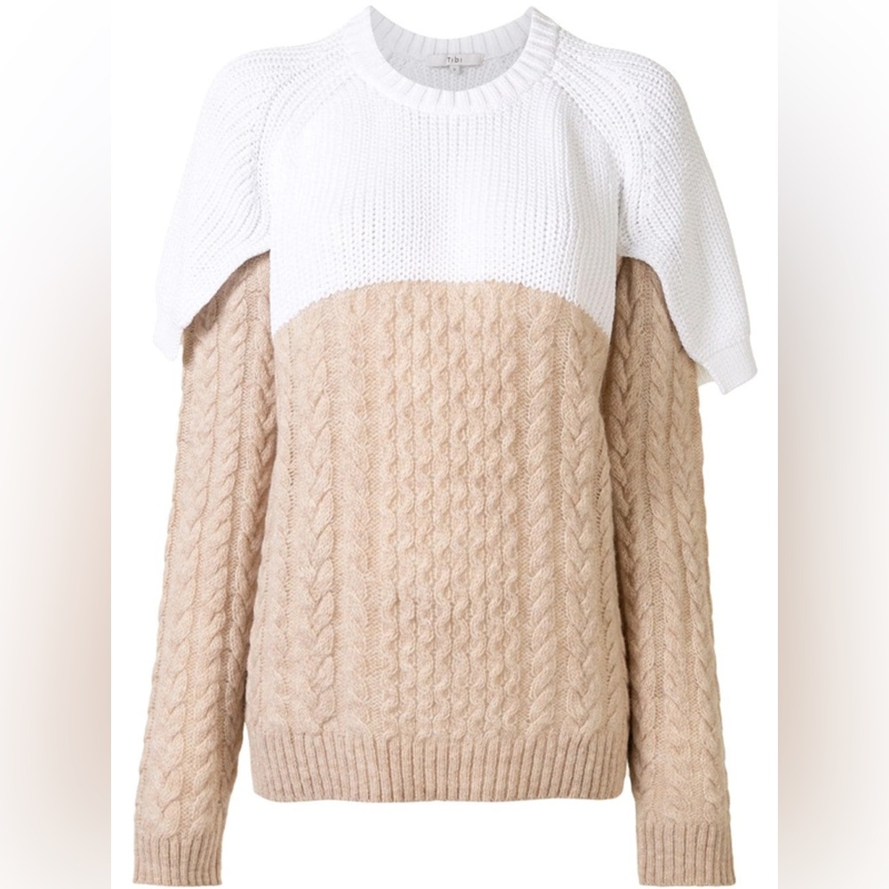 Layered Two-tone Cable-knit Cotton And Wool-blend Sweater